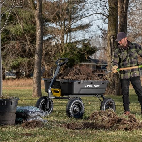 Gorilla Carts Heavy-Duty Poly Yard Dump Cart, 12 Cu Ft Tub, 1600 lb Haul Capacity, Black – Towable Utility Wagon with Quick-Release Dumping & Pneumatic Tires for Landscaping and Gardening