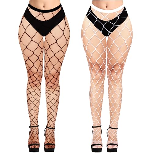 Image of Violet Mist 2 Pack Womens High Waist Fishnet Tights Large Net Fishnets Stockings Colorful Sexy Hollow Out Pantyhose