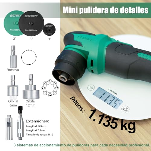 BATOCA Mini Pulidora Bateria S4,Rotativa y Orbital,Motor Sin Escobillas,Pulidora Profesional Kit,Máquina de Pulir para Detalles con 2 baterias 2.5Ah 12V,2000-5500RPM,25mm/75mm Disco Pulidor - imagen 2