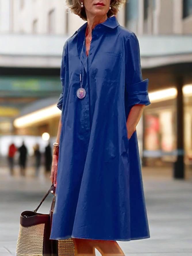 Womens 2025 Long Sleeve Button Down Shirt Summer Dress Casual V Neck Loose Fit Midi Shirt Dresses with Pockets - Image 3