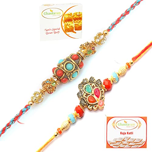 Ghasitaram Gifts Rakhi for Brother Rakhis Online – Set of 2 Beautiful Colours and Blue Ethnic Premium Rakhis with 200 gms of Besan Barfi and 200 gms of Kaju Katli Ghasitaram Gifts Rakhi for Brother Rakhis Online – Set of 2 Beautiful Colours and Blue Ethnic Premium Rakhis with 200 gms of Besan Barfi and 200 gms of Kaju Katli