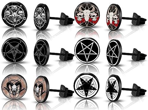 SIISPRI 6Pairs Satan Goat Head Stud Earrings Mens Earrings Set Hypoallergenic Surgical Punk Magic Pentagram Stainless Steel Round Circle Button Stud Post Earrings 10MM