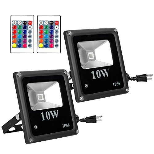 10W RGB LED Flood Lights, SHINE HAI IP66 Waterproof Outdoor Color Changing LED Security Light, 16 Colors 4 Modes with Remote Control, Wall Washer Lighting Stage Light with US 3-Plug, 2-Pack