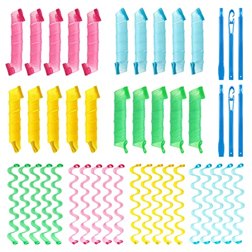 42 Pieces No Heat Hair Curlers Spiral Curls Styling Kit, Include 40 Pieces Magic Hair Curler Rollers Curling Rods 2 Pieces Styling Hooks for Long Hair Supplies (45 cm A/ 17.7 Inch, 45 cm B/ 17.7 Inch)