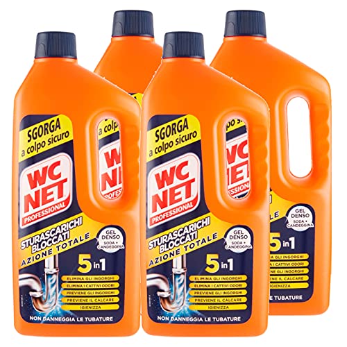 Wc Net Professional – Desatascador 5 acciones en 1, desatascador de tuberías y antical, 1000 ml x 4 paquetes