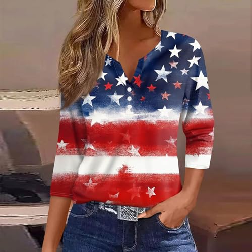 Image of 4th of July Shirts Women 3 /4 Length Sleeve Womens Tops Henley Neck Casual Patriotic T Shirts
