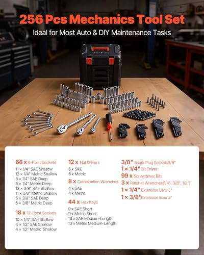 Image of VEVOR Mechanics Tool Set, 256-Piece Mechanic Tool Kit, 1 /4 in, 3 /8 in, and 1 /2 in Drive, SAE and Metric Socket Set, Wrenches, Screwdriver Bits, Accessories, and Storage Case, for Automotive Repair