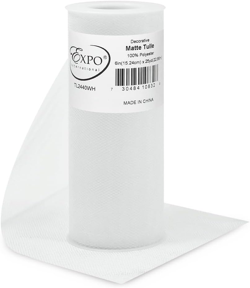 Expo InternationalDecorative Matte Tulle, Lightweight Polyester Tulle Fabric for Tutus, Costumes, and Party Decorations, Washable, Easy-to-Use, 6 Inch x 25 Yards, White, Pack of 1