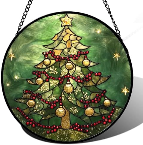 Stained Acrylic Window Hanging Bell Christmas Tree Suncatcher for Doors Home Decoration Winter Sun Catcher Thanksgiving New Year Birthday Gifts Women Men Mom Nana Girl 7.4 in