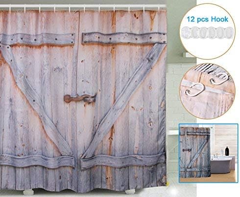 XSHL Fabric Waterproof Shower Curtain Sets, Old Wooden Garage Door Decor Collection, Digital Printing Rustic Barn Wood Art Printed Polyester Bathroom Curtain with 12pcs Plastic Hooks