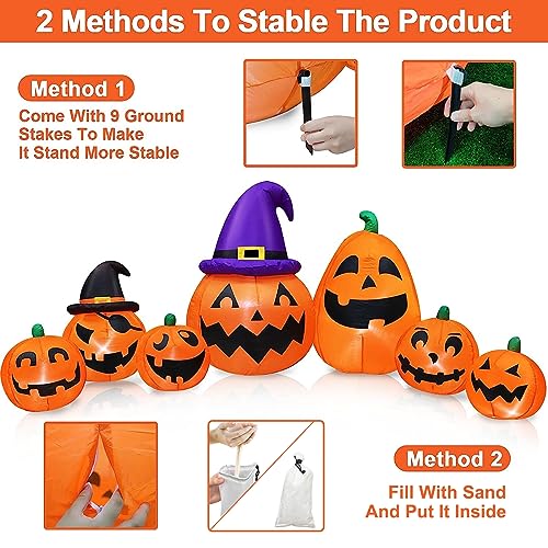 12Ft Extra Large&Long Halloween Inflatables 7 Pumpkins With 2 Witch Hats Outdoor Halloween Decorations With Build-In Led Lights Stakes Blow Up Yard Halloween Decor Outside Party Garden Lawn Holiday #TOP5
