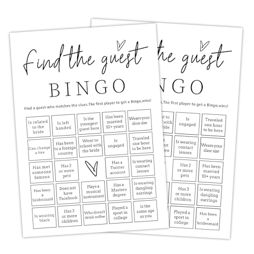 Find The Guest Bingo Game Cards for Wedding Bridal Shower, Wedding Bachelorette Party Bingo Shower Favors, 30 Game Cards, Engagement Party Game Decor Supplies, Wedding Games for Reception -L855