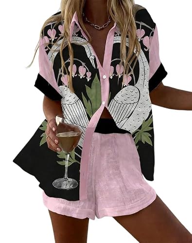 famesale Chemise hawaïenne à manches courtes pour femmes et short à cordon 2 pièces Ensemble Paysages Animaux Imprimé 3D Tenues de loisirs d'été Plage Bohème Tropical