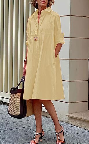 Image of chouyatou Women's Spring Summer Button-Down Shirt Dress Loose A-Line Midi Shift Tunic Dress