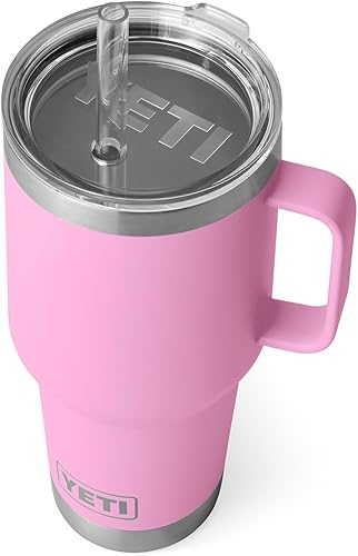 YETI Rambler - Vaso de 35 onzas con asa y tapa con popote, vaso de viaje para agua, taza aislada al vacío con asa, acero inoxidable, color rosa