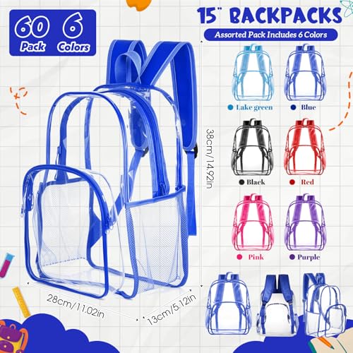 Image of Amylove 60 Pcs Clear Backpack bulk for Stadium Events Heavy Duty PVC Transparent Bookbag for College Workplace Security (15 Inches,6 Colors)