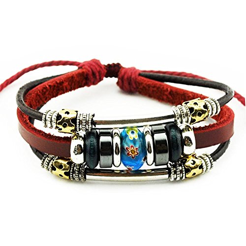 Mandy Wine Red Fashion Silver Tone Tube Flowewrs Bead Adjustable Length Single Wrap Bracelet (Blue)