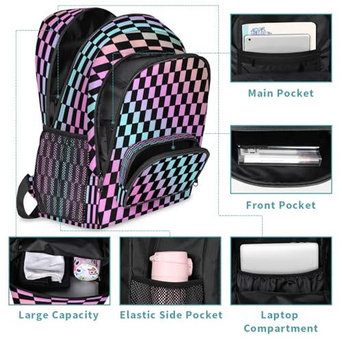 Rainbow Checkerboard Large Capacity Backpack, 18 Inch Multi Pocket Laptop iPad Tablet Backpacks Business Travel Hiking Daypack Casual Rucksack for Women Men Gifts3