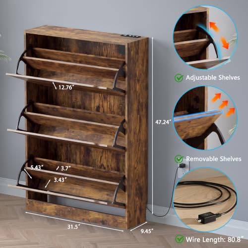 Image of BORNOON Shoe Cabinet with Odor Control and Back Panels, Deodorizing Slim 3-Flip Shoe Storage Cabinet for Entryway, Freestanding Hidden Shoe Rack Organizer for Entrance, Hallway, Bedroom