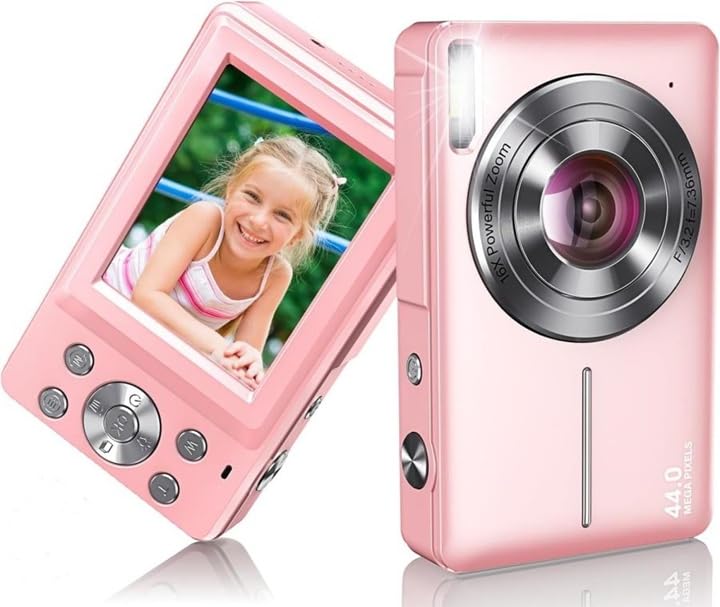 Digital Camera 44MP 1080P FHD with 16X Zoom, Anti-Shake, Beauty Filter, 32GB Card & 2 Batteries – Compact Point and Shoot Camera for Kids, Teens, Beginners – Lightweight & Portable (Pink)