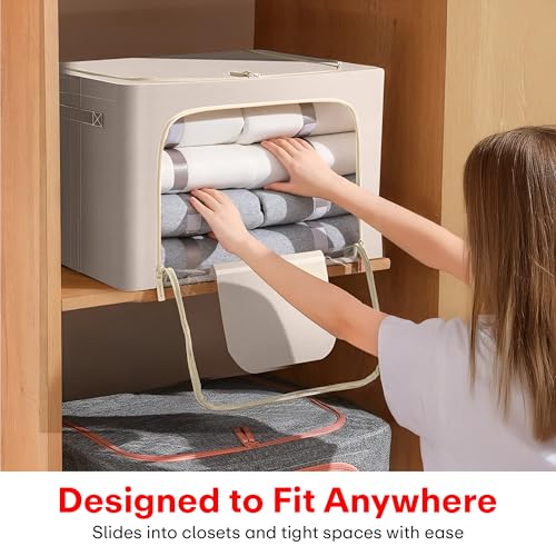 Image of Prime Pick Zip Storage Box Foldable Clothes Organizer Double Zipper Lid Heavy Duty Reinforced Handles Breathable Washable Fabric Wardrobe Closet Home Storage Beige Large Pack of 1
