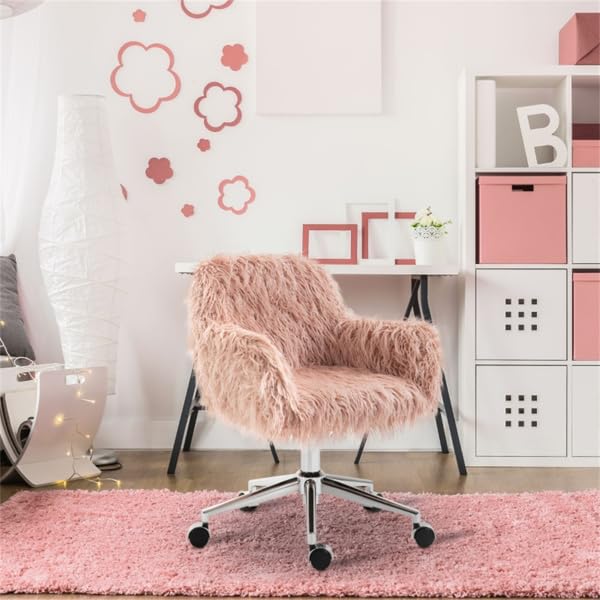 OZBME Sillón de tocador Elegante, de Color Rosa, con Pelusa, para niñas y Mujeres, Moderno y cómodo, con Brazos y Ruedas, Ideal para Dormitorio y Sala de Estar.