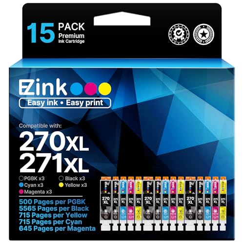 PGI-270XL CLI-271XL Printer Ink Compatible for Canon 270 271 XL Ink Cartridges to use with Canon Pixma TS6020 MG6821 MG5720 MG5721 MG5722 MG6820 MG6822 TS5020 MG7720 TS8020 TS9020, (5 Color-15 Pack)