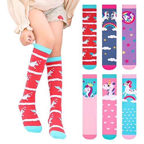 PHOGARY 6 Pairs Girls Knee High Socks, Cute Socks Colorful Cartoon Animal Welly Socks Warm Cotton Crazy Fun Kids Odd Socks Mid Calf Long Boot Socks For 3-12 Years Girls, One Size