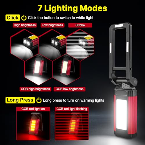 Image of Magnetic Work Light Rechargeable Flashlight Portable Led Work Light 7 Flashlight Modes with Rotatable Stand Magnetic Base Type-C Charging for Car Reparing Camping Emergency Hunting Pack of 2