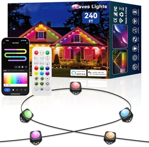Permanent Outdoor Lights Pro, 240ft with 176 IC+RGB Smart LED Eaves Lights for Daily Decoration, IP67 Waterproof, with App/Remote Control, Compatible with Alexa, Google Assistant, Black