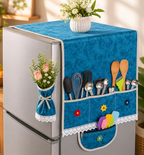 Image of BlueRed Premium Velvet Fridge Top Cover with 8 Storage Pockets & Zip Pouch | Waterproof Refrigerator Organizer Cover for Single & Double Door Fridge (Ocen Blue)