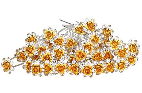 40pcs Bridal Wedding Crystall Hair Pins with 2 Storage Bags Rose U-shaped Design Collection Crystal Hair Pins Clips (Yellow)