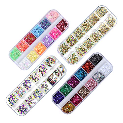 Rhinestones For Nails, 2Box 24Colors Nail Decals Butterfy Nail Glitter Nail Foil 2Box 1440+120Pcs Bling Rhinestones For Crafts Nail Gems Nail Decorations Nail Designs For Nail Art Supplies