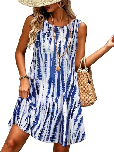 Image of elescat Women's Summer Dresses 2026 Beach Casual Sleeveless Floral Print Tank Loose Sundress with Pocket