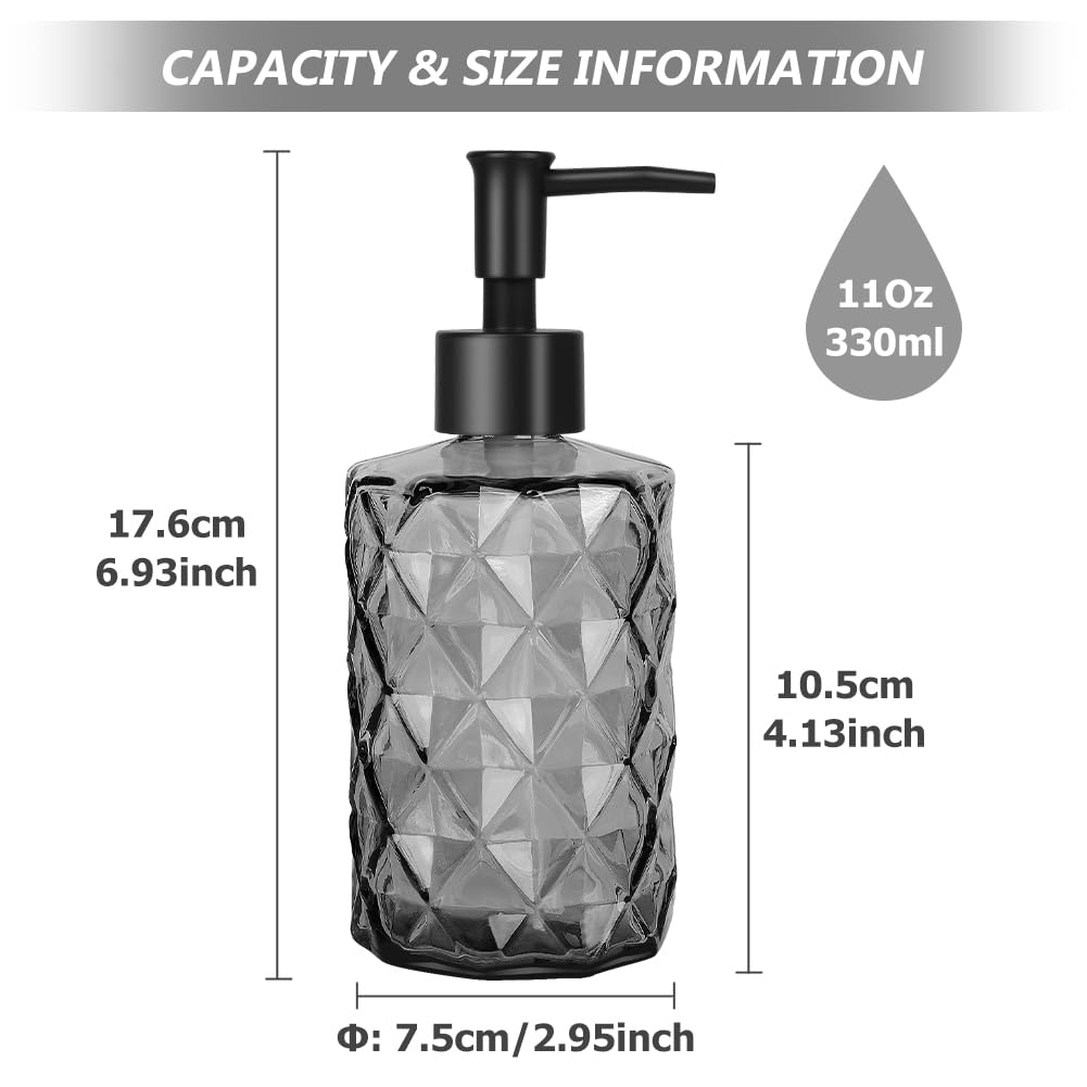 Dispenser di sapone in vetro trasparente, 325 ml, set da 3, dispenser di sapone nero con pompa in plastica resistente alle intemperie, ricaricabile, dispenser di sapone liquido da cucina, bagno, per