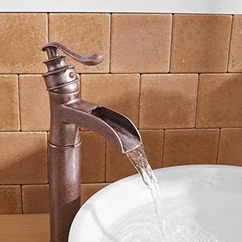 Copper Bathroom Vessel Sink Faucet Tall Waterfall Antique Single Hole Farmhouse With Pop Up Drain Assembly Mixer Tap Without Overflow Counter Top Lead-Free #TOP1