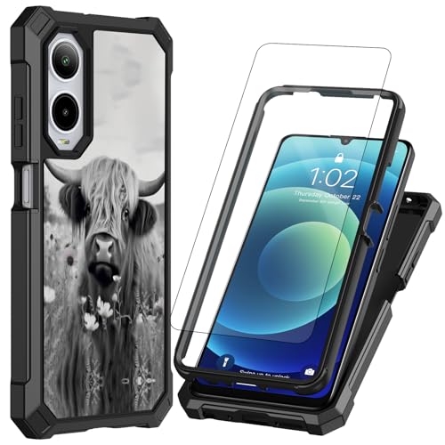 for Cricket Debut S3 Phone Case, AT&T Vista 2 Case with Screen Protector,Full-Body Protection Heavy Duty Silicone Bumper Hard PC Shockproof Corner Cover Case for Debut S3,Highland Cow Ox Cattle