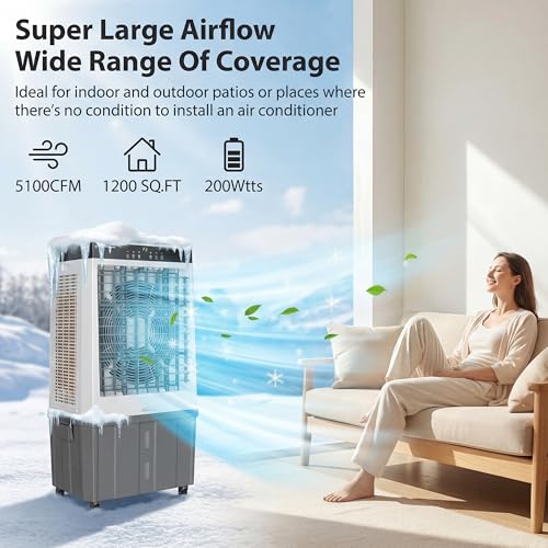 AKIRES 45" Large Swamp Cooler,5100 CFM Evaporative Air Cooler,16.5 Gal Water Tank Portable Air Cooler,120°Oscillation with Remote Control,12H Timer,3 Modes & Wind Speeds for Outdoor Indoor Use,Black