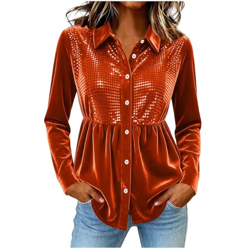 Velvet Blouses for Women Textured Peplum Button Down Orange M