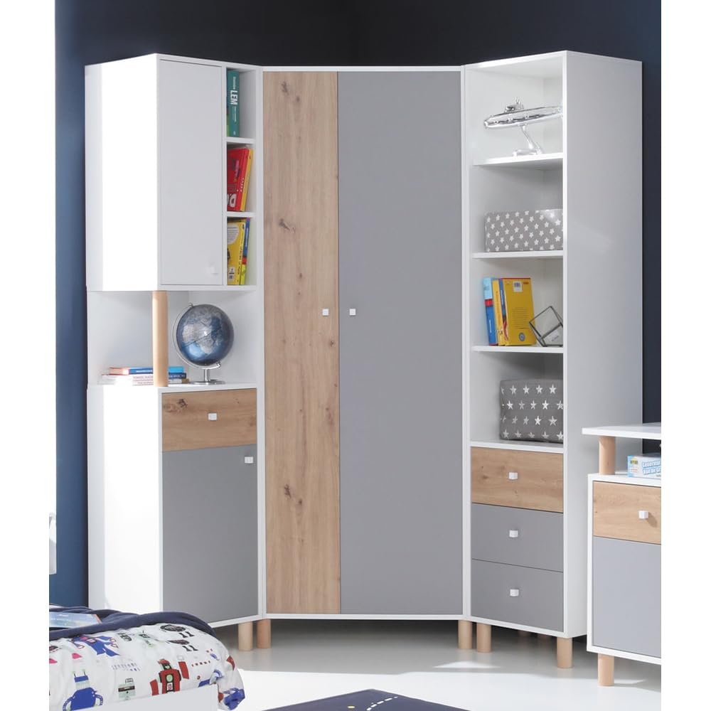 Lomadox Jugendzimmer Set 3-teilig mit 2 Regalschränke, 1 Eckkleiderschrank in weiß mit Eiche und grau