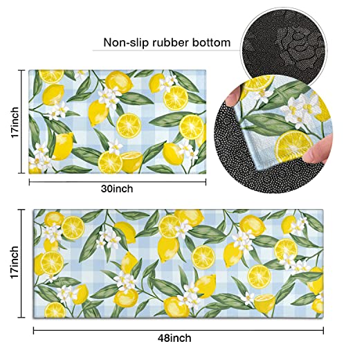 Lemon Kitchen Mat Rug Set Of 2- Lemon Kitchen Rugs With Runner, Lemon Kitchen Decor Accessories Things, Buffalo Plaid Kitchen Rug Mat- Yellow Blue Rugs For Home Kitchen Large- 17X30 And 17X48 Inch #TOP2