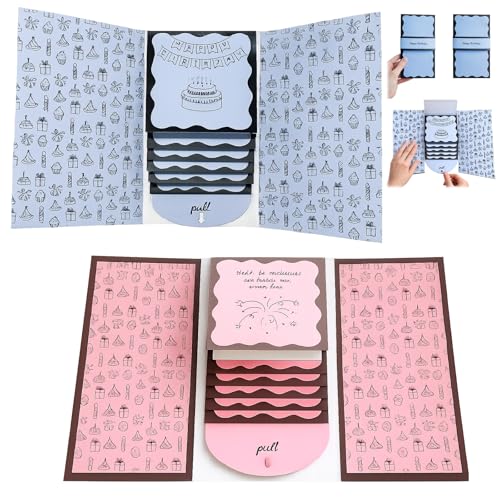 2 PCS Waterfall Birthday Gift Card Holder Handmade Waterfall Gift Card Booklet Creative Pull-Out Design for Celebratory Gift Giving in Blue and Pink Colors