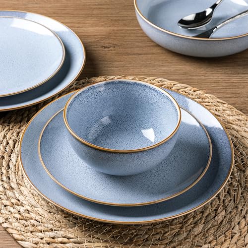 Image of GBHOME Ceramic Dinnerware Sets for 4, 12 Pieces Stoneware Plates and Bowls Sets, Reactive Glaze Dishes -Scratch Resistant, Dishwasher&Microwave Safe- Brunnera Blue