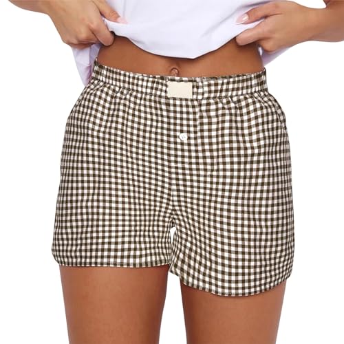 Pantalones cortos de vestir para mujer, cintura elástica, bonitos estampados a cuadros, cintura baja, cómodos, ligeros, casuales, pantalones de verano, café, M