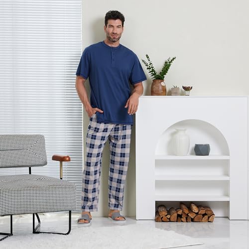 Keyocean Mens Pajama Set, Soft Cotton Short-Sleeve T-Shirt & Long Pants PJ Set for Sleeping2