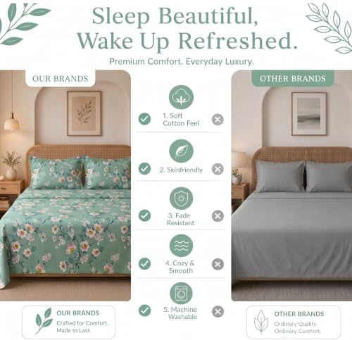 Image of HOMEKART Glace Cotton 160 TC Leaf Printed Double Bedsheet with 2 King Size Pillow Covers | Soft & Durable | 86 x 88Inches (Green & White)