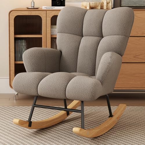 Image of VIRRMO Glider Rocking Chair Nursery, Comfy Accent Chair Armchair with High Backrest Teddy Soft Upholstered Living Room Chairs for Reading Bedroom Living Room Home Offices Nursery (Khaki)