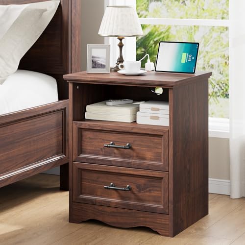 Image of Bedroom Set, 4 Pieces Bedroom Furniture Set, 47 inch W 7 Drawer Dresser, 44 inch H 6 Drawer Dresser and Nightstands with Charging Station, Farmhouse Storage Organizer Cabinet for Bedroom, Walnut
