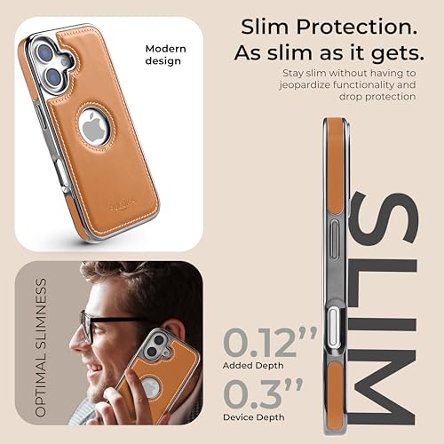 Image of PULOKA Chrome Leather Back Case - Compatible with iPhone 16 - Luxury Bumper Case - Flexible Vegan Leather - Electroplated Sides & Logocut - Full Camera Protetection & Raised Edges - TAN