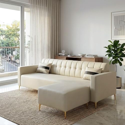 Image of SOCOZI Anton 4 Seater L Shape Sofa Set with Movable Ottoman | Flexible Left or Right Layout | Premium Leatherette with Golden Metal Legs |Sofa for Living Room (Cream Leatherette)